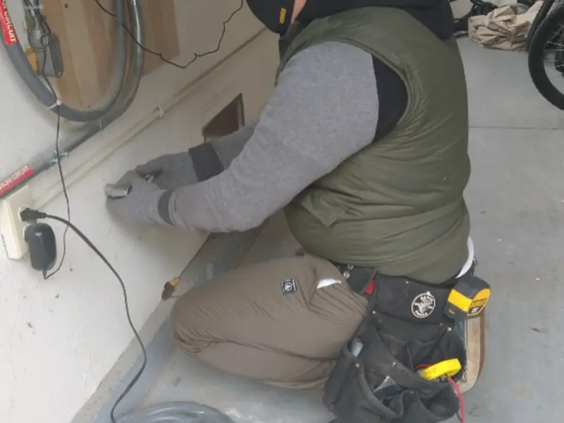 Electrician performing outlet wiring in a Ravenswood garage